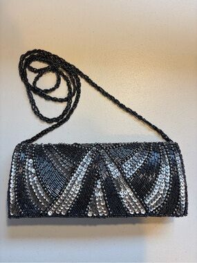 Vintage Beaded Sequin Evening Bag Silver Black Art Deco Shoulder Purse Clutch